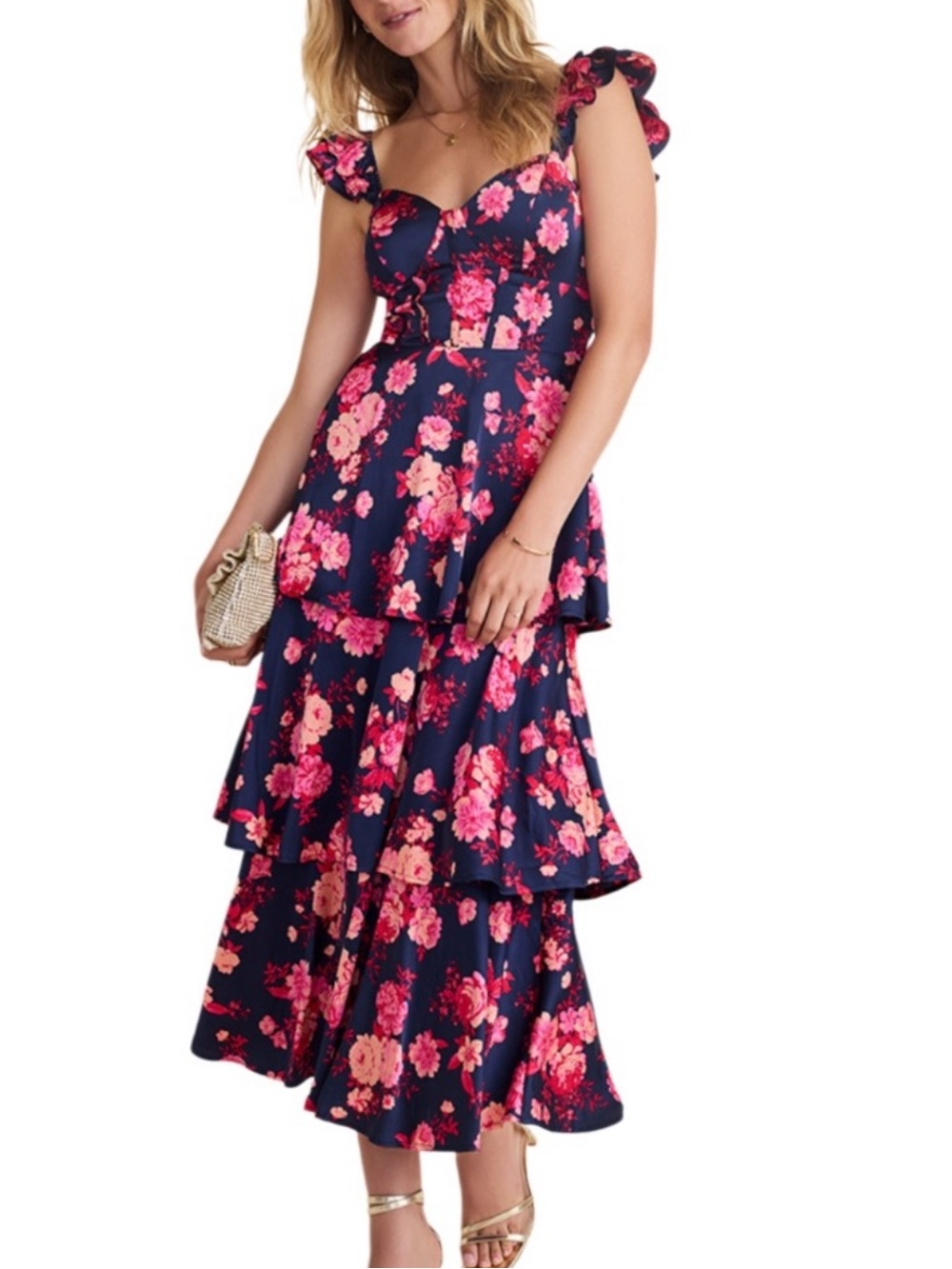 Francescas Lena Navy Floral Tiered Maxi Dress Size Small NWT
